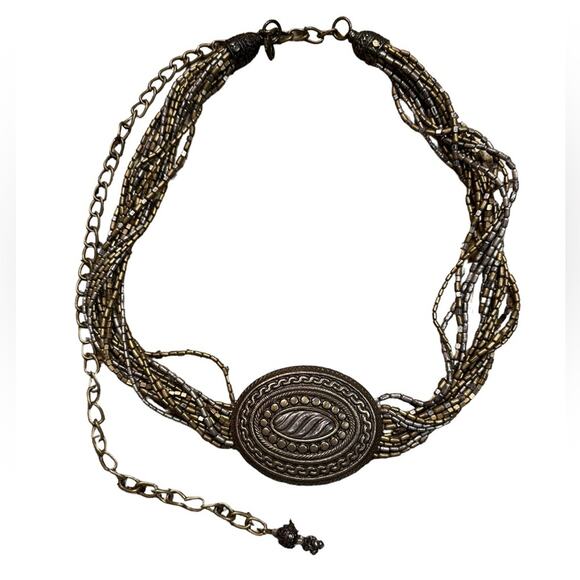 Bronze and Brass Metal Chain Belt with Large Oval Buckle and Chain Hook